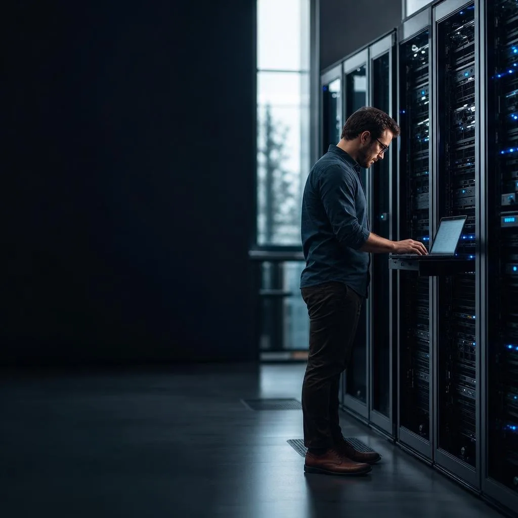 Secure server room with soft blue lighting
